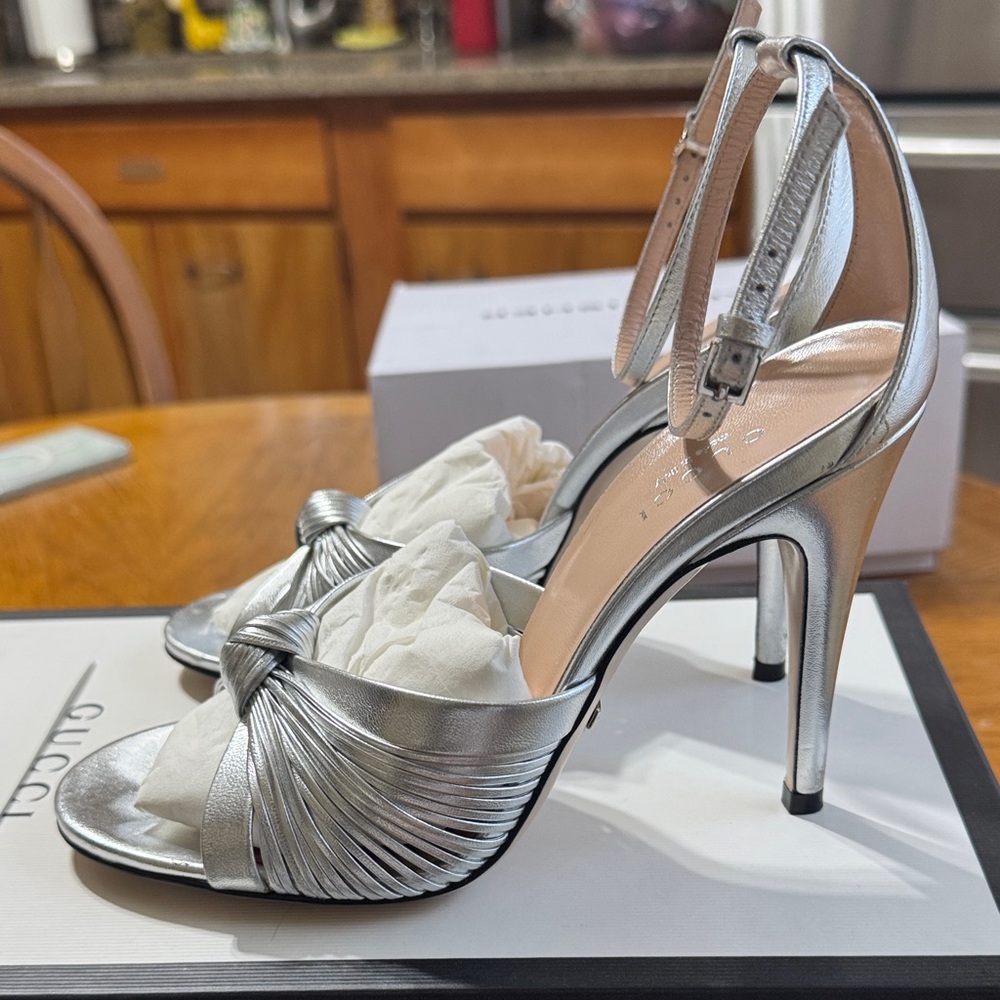 Gucci Silver Knotted Ankle-Strap Heels - Picture 2 of 7